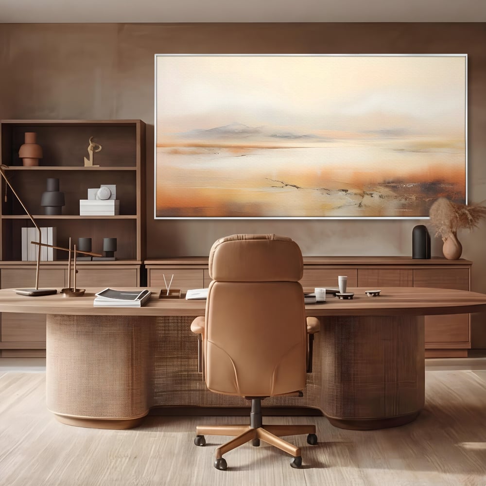 Tablou canvas cu pictura peisaj abstract cu dealuri, in rama de aluminiu argintiu, pe perete intr-un birou